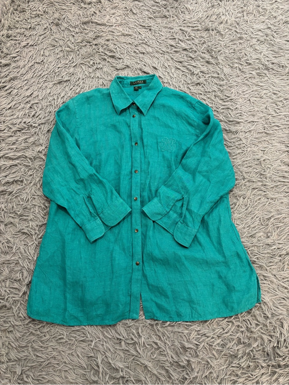 Lauren Ralph Lauren Women's Blue Long Sleeve Button Up Linen Shirt 1X Coastal
